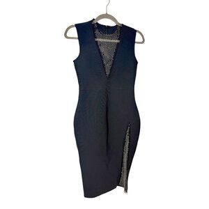 Black Rhinestone Mesh Cutout Bodycon Cocktail Dress Mermaid Sequin Slit Medium